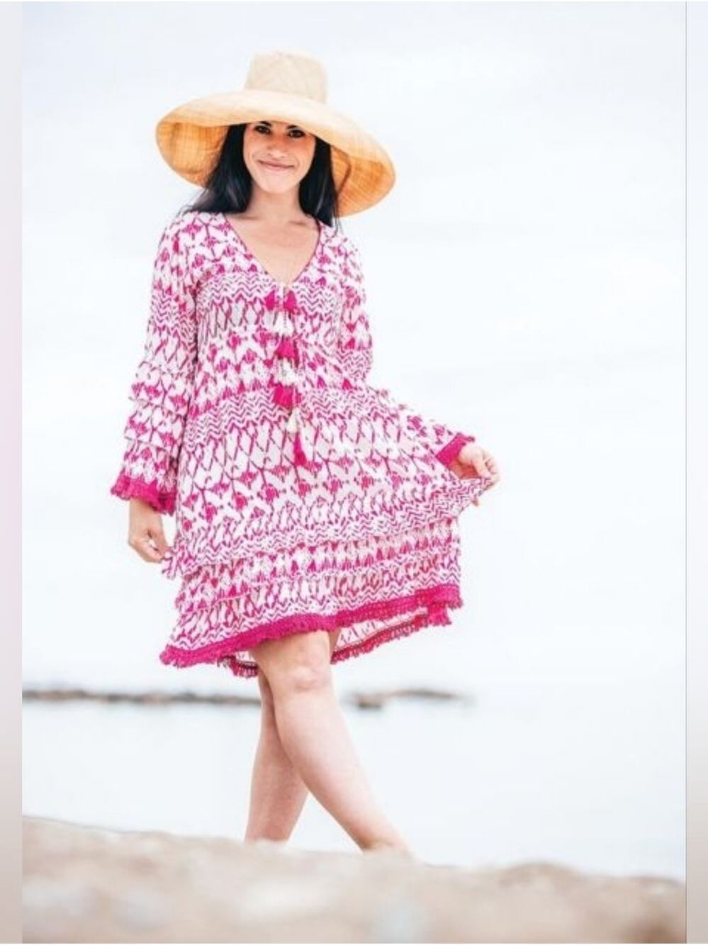 Lemonwood Pink & White Boho Pink Patterned V-Neck Tiered Dress